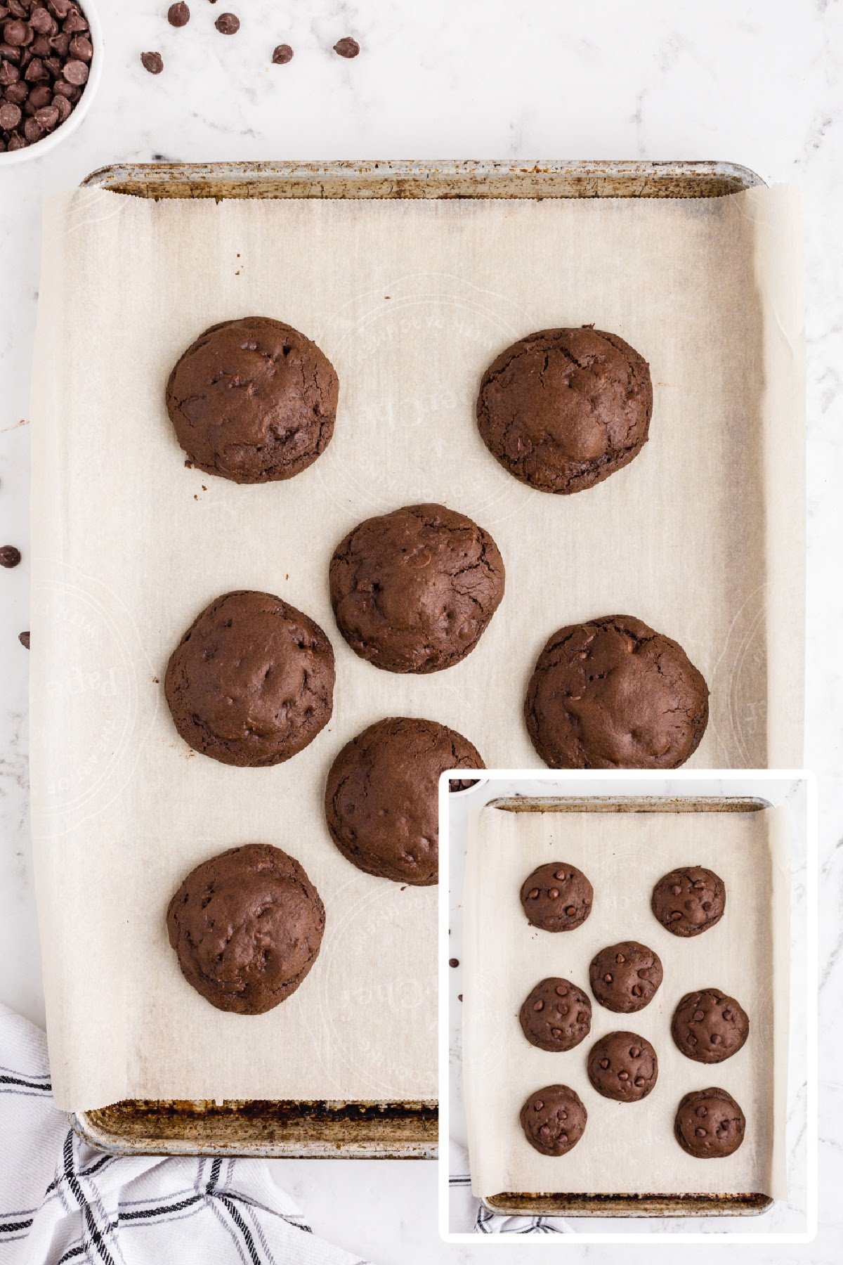 Baked double chocolate chip cookies on sheet pan and inset picture of cookies with decorative chocolate chips pressed into the tops.