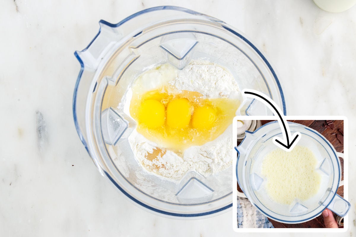 Flour, vanilla, milk, eggs, and other german pancake ingredients in a blender before and after being blended.