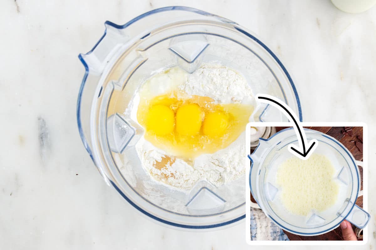 Flour, vanilla, milk, eggs, and other german pancake ingredients in a blender before and after being blended.