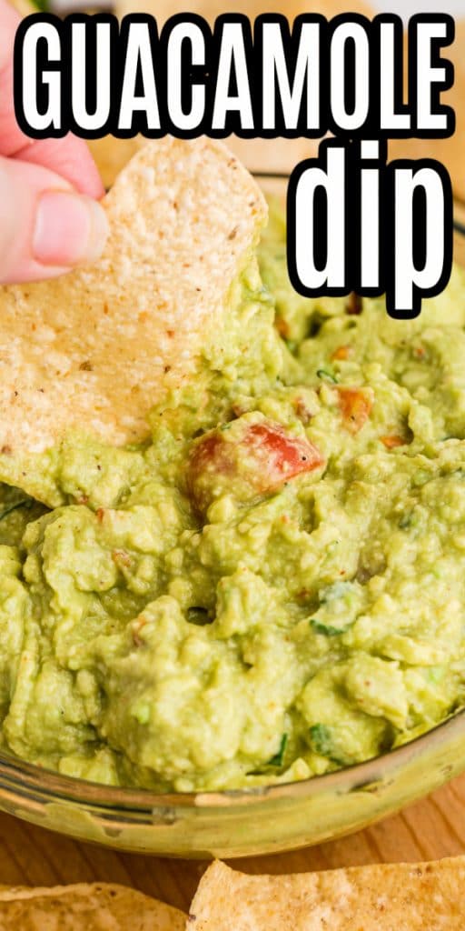 guacamole in clear glass bowl with chip dipping into it and chips; test overlay
