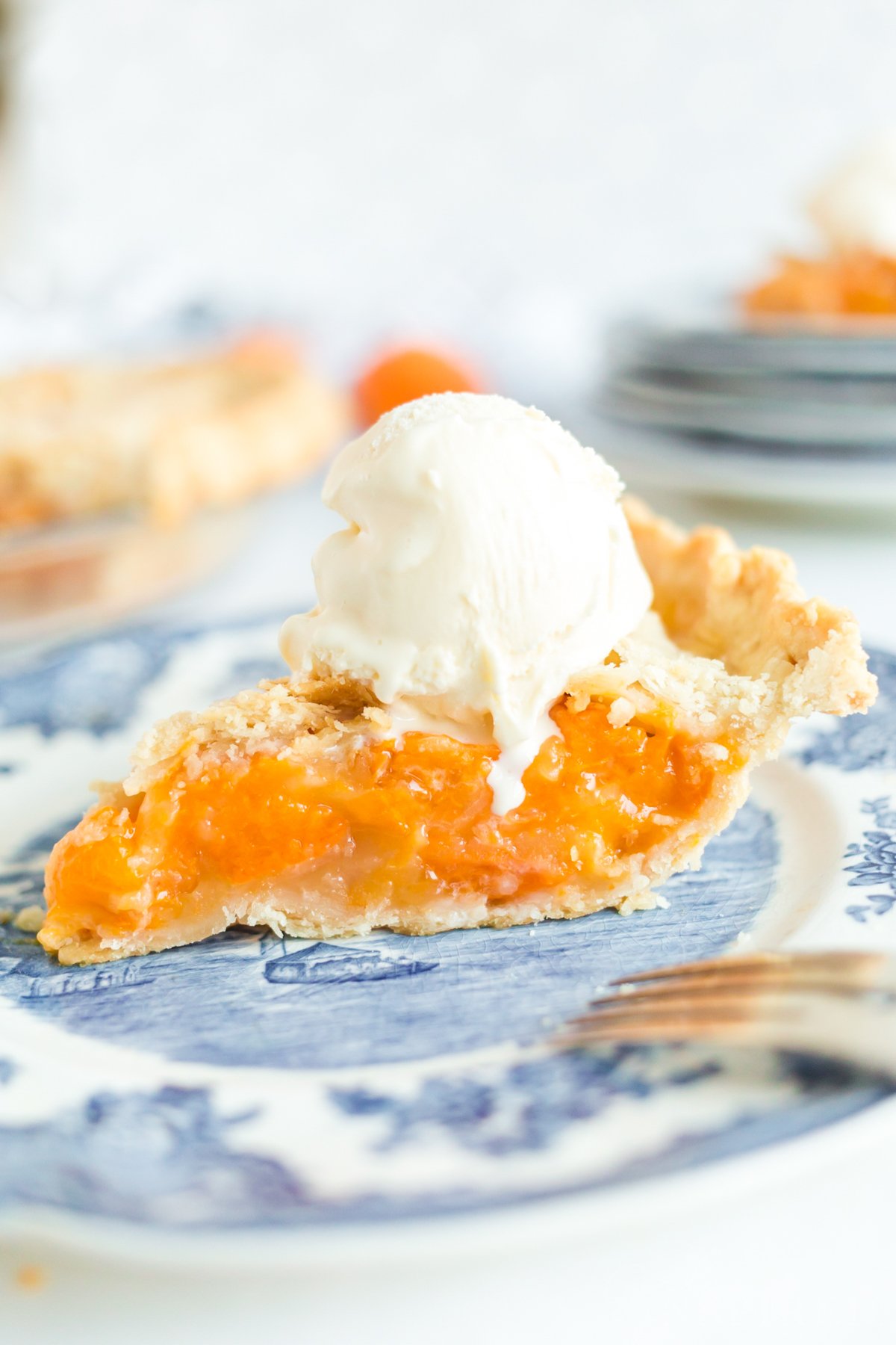 Slice of apricot pie topped with scoop of vanilla ice cream on a dessert plate.