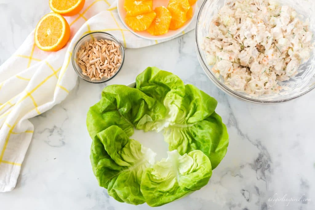 butter lettuce leaves arranged in a circle in bowl with almonds, chicken salad, and oranges to the side