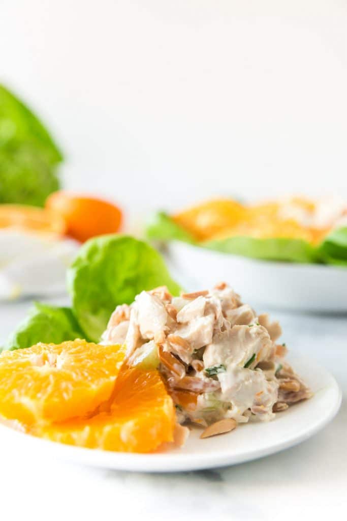 chicken salad and orange slices on white plate