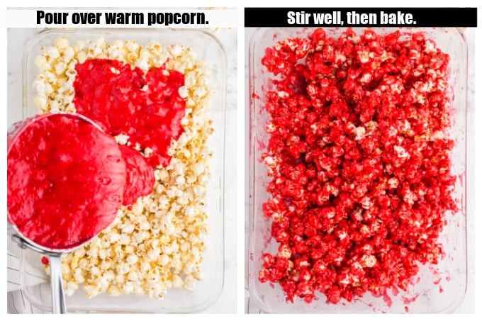 mixture being poured over popcorn and baking dish with stirred red popcorn
