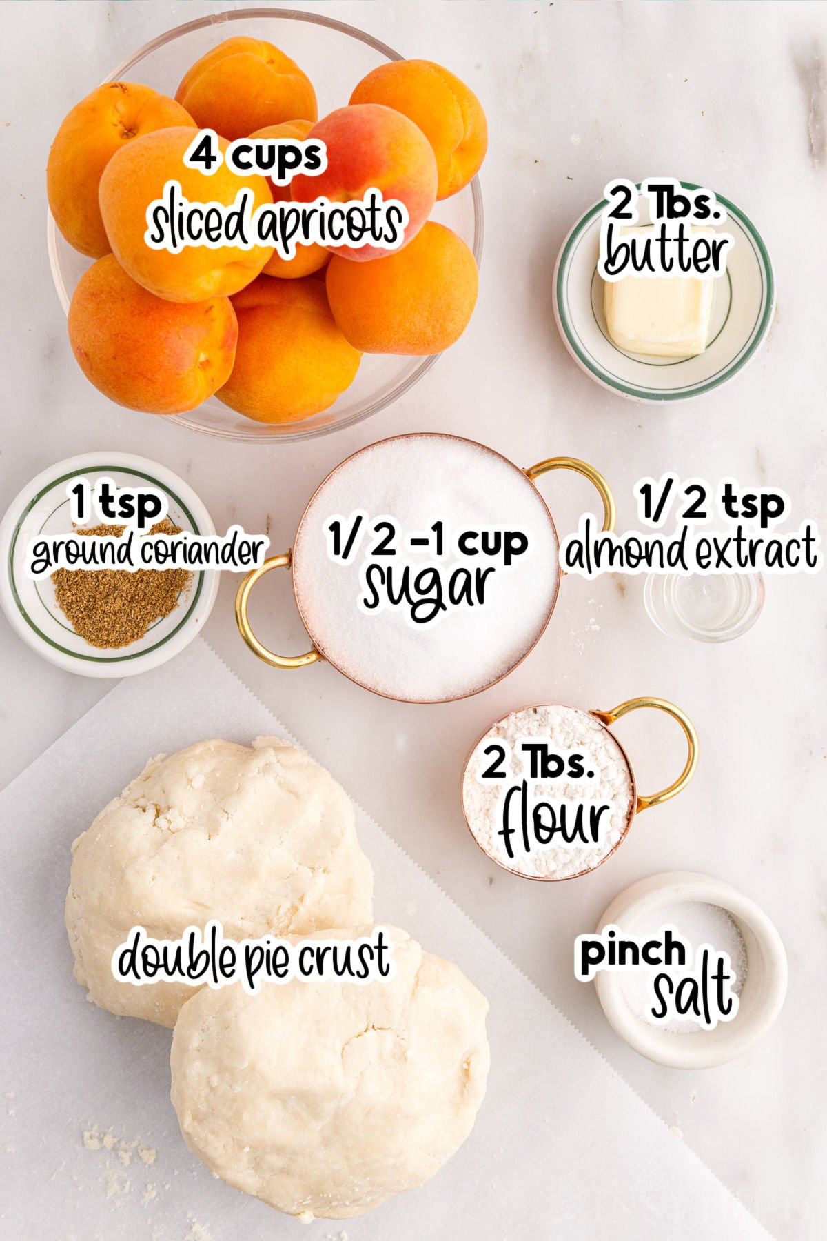 Individual ingredients for apricot pie, with text labels and amounts.