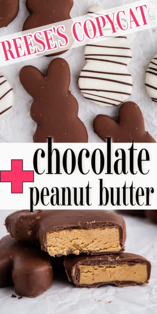 peanut butter chocolate bunny sliced in half and stacked to show visible inside and finished bunnies with text overlay