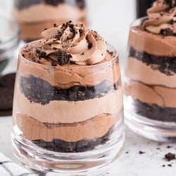 side view of chocolate cheesecake trifles in glass lowball glasses