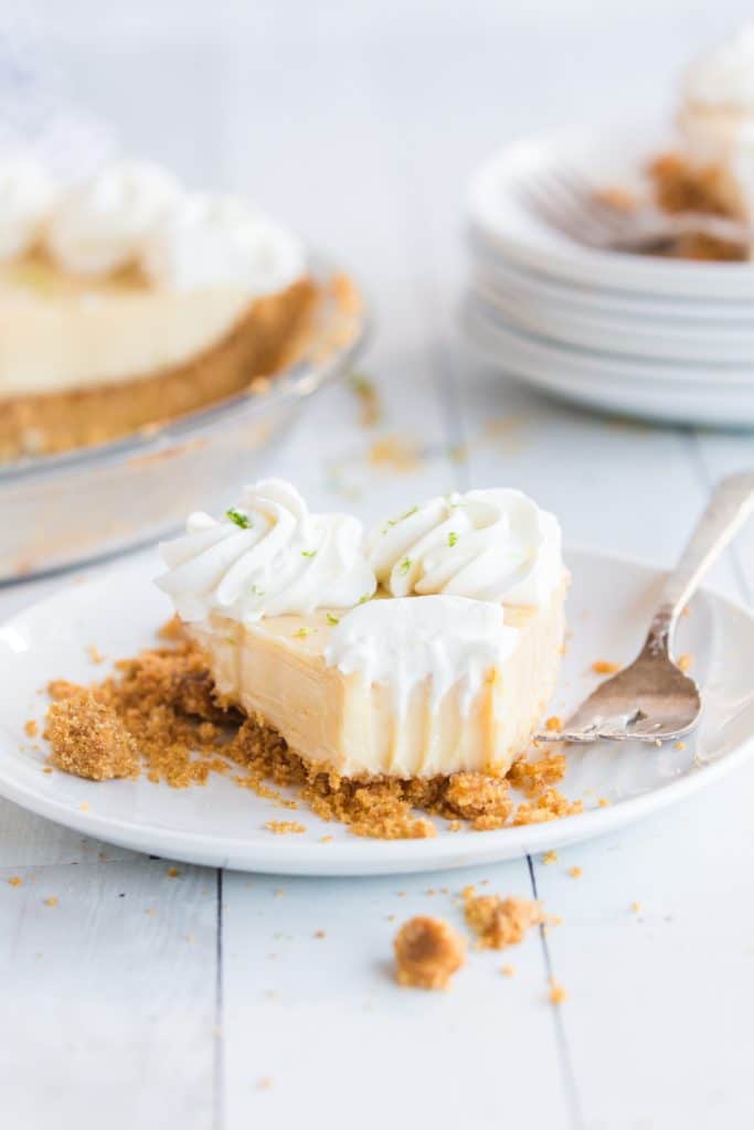 close up of bit taken out of single slice of key lime pie