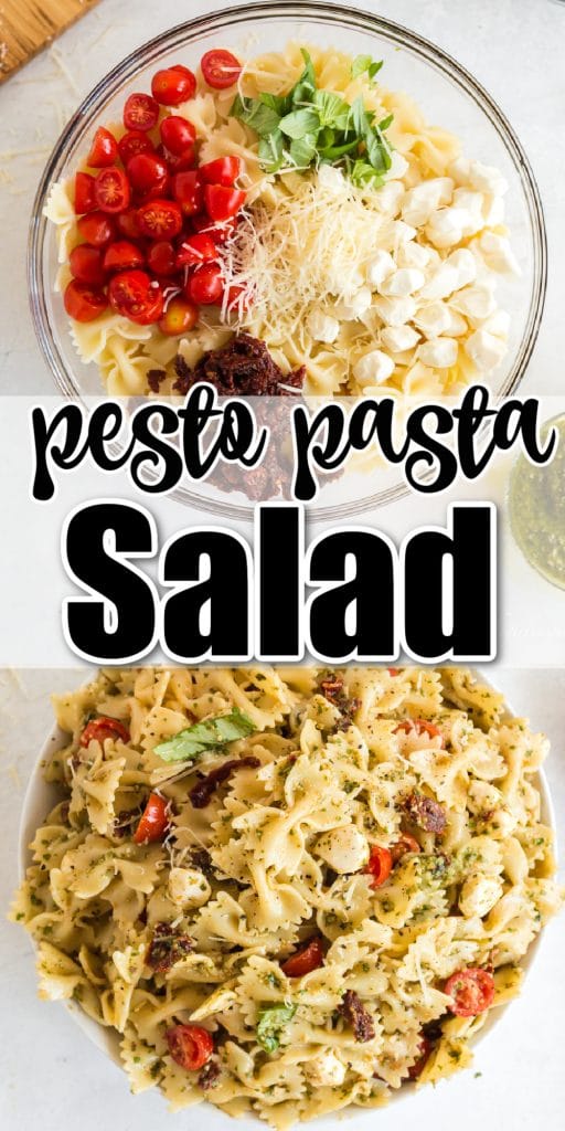 cherry tomatoes, sundried tomatoes, basil, mozzarella,and parmesan in piles atop bowtie pasta in a glass bowl and tossed salad ready to serve with text overlay