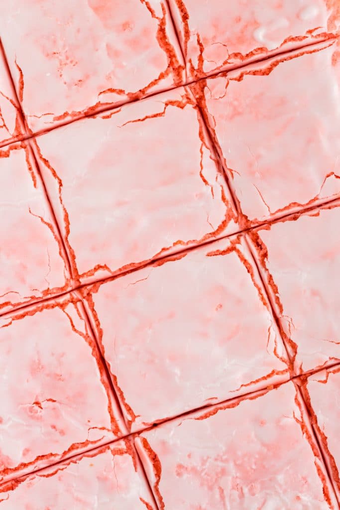 close up overhead of strawberry brownies