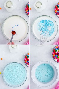Collage of four pictures showing how to whisk together ingredients for Bubble Gum Ice Cream in a glass bowl on marble countertop