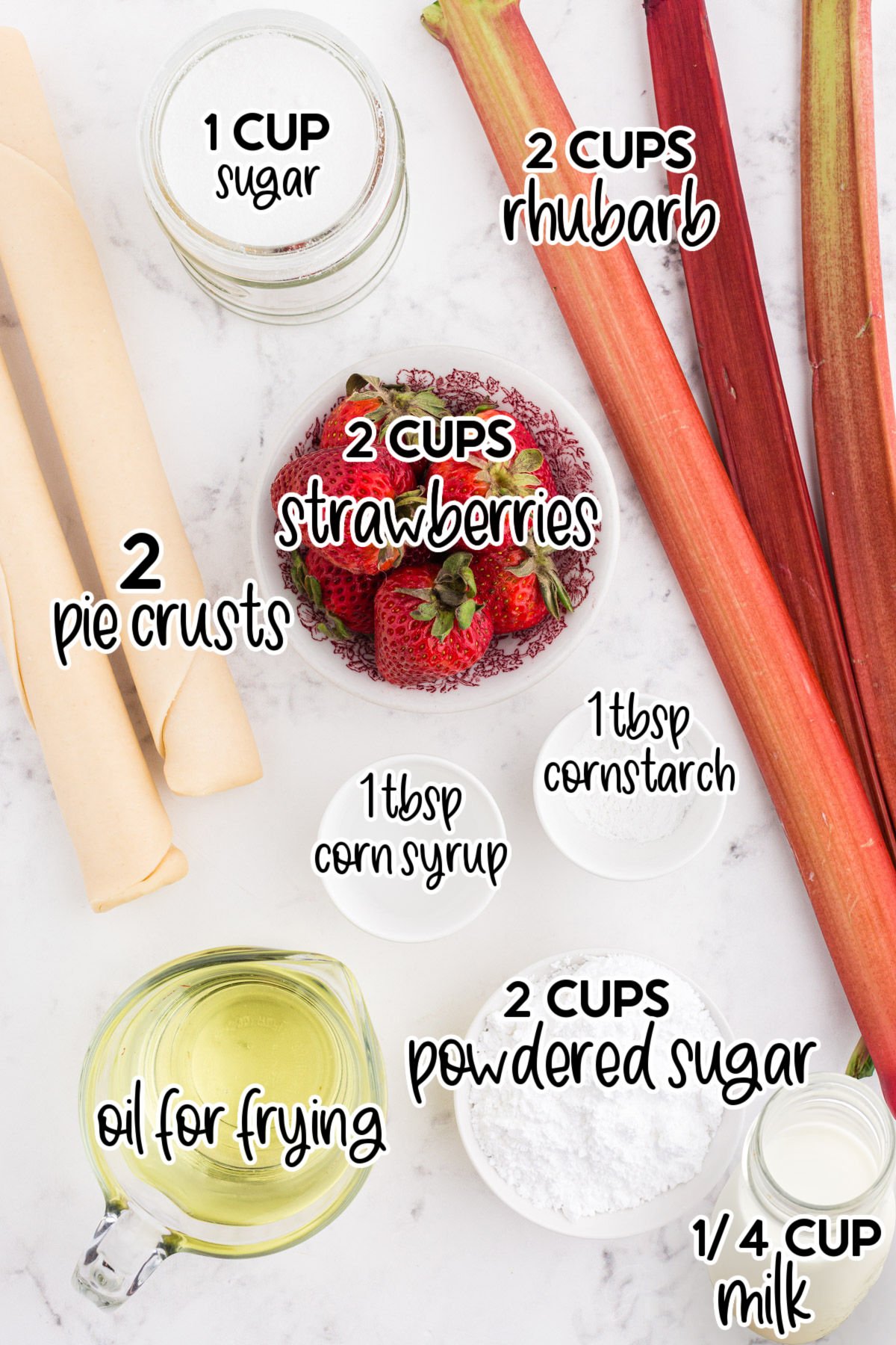 Individual ingredients for the strawberry rhubarb hand pies, with text labels and amounts.