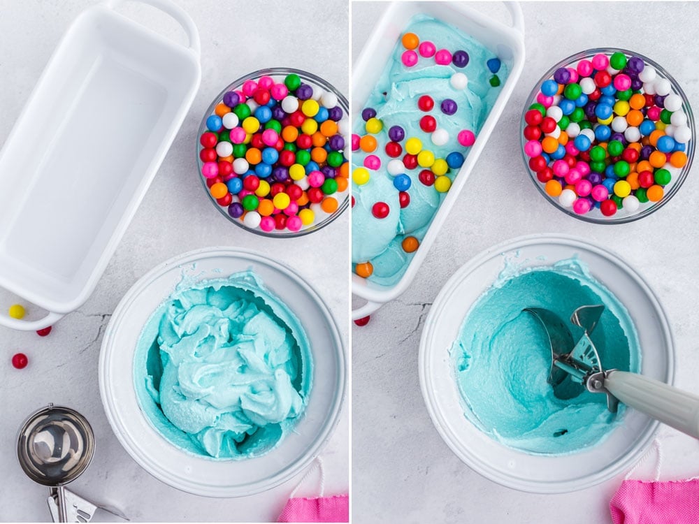 photo collage of blue ice cream in ice cream maker scooped and layered with bubblegum balls into loaf pan