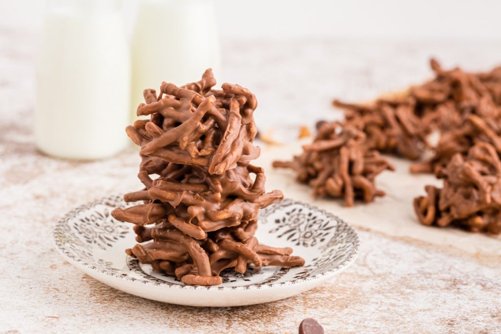 Chocolate Butterscotch Haystacks piled up on cake plate