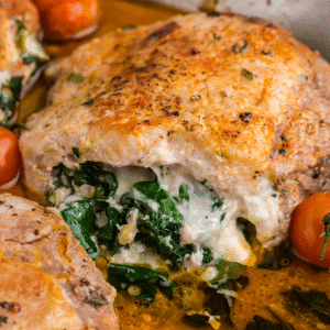 Stuffed pork chops filled with spinach leaves