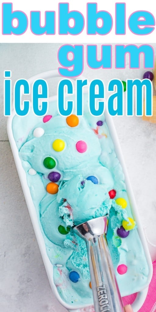 blue bubble gum ice cream with scoop in white loaf pan with text overlay