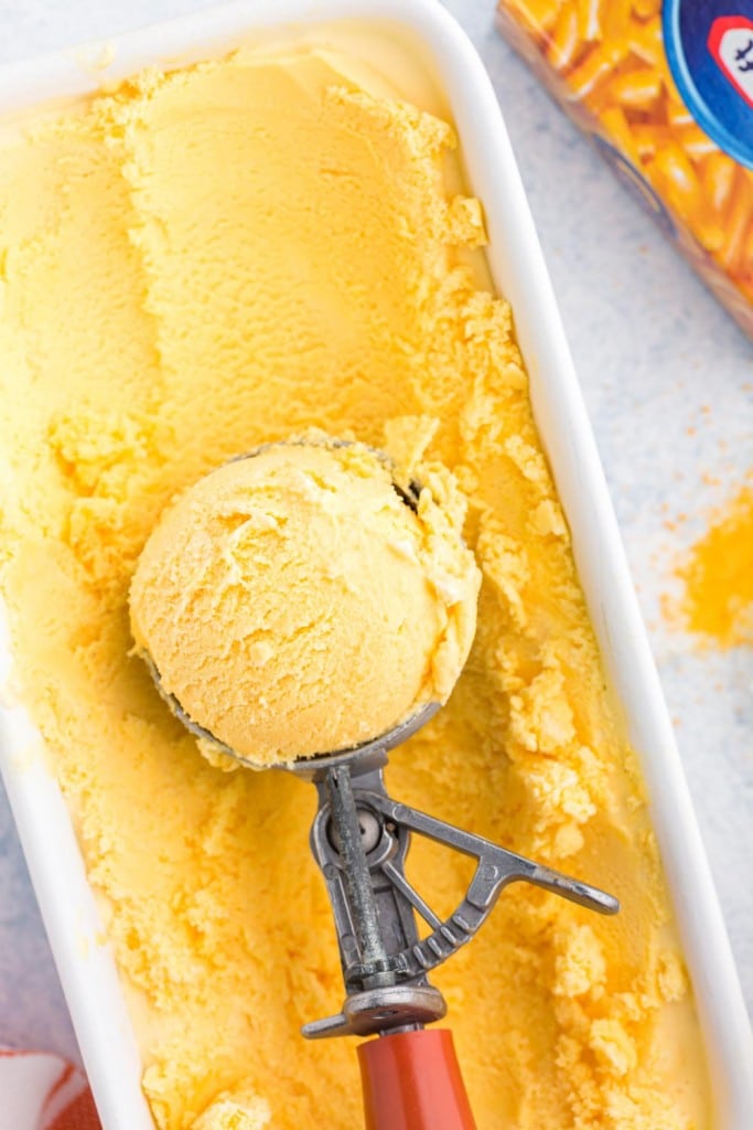 ice cream scoop with a scoopful in cheese ice cream dish
