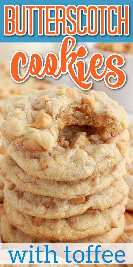 butterscotch cookies with a bite taken out with text overlay