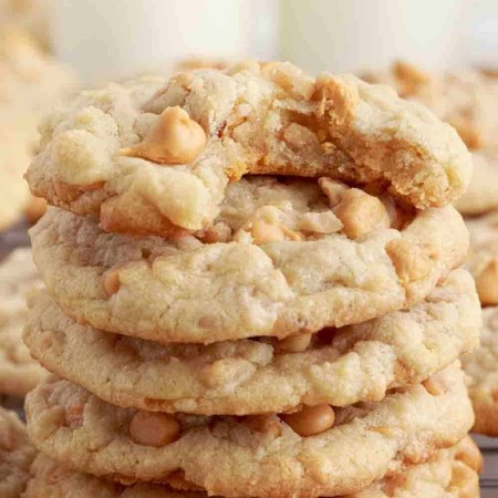 side view of a stack of butterscotch chip cookies