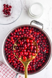 gold slotted spoon scooping cranberries from saucepan
