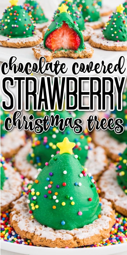 green chocolate covered strawberry christmas tree with yellow star topper on oatmeal cookie and strawberry with bite taken out of it with text overlay