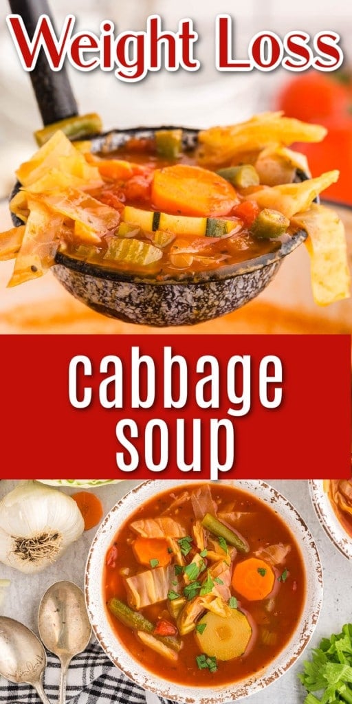 photo collage of ladle filled with soup and overhead of a white bowl of cabbage soup with text overlay