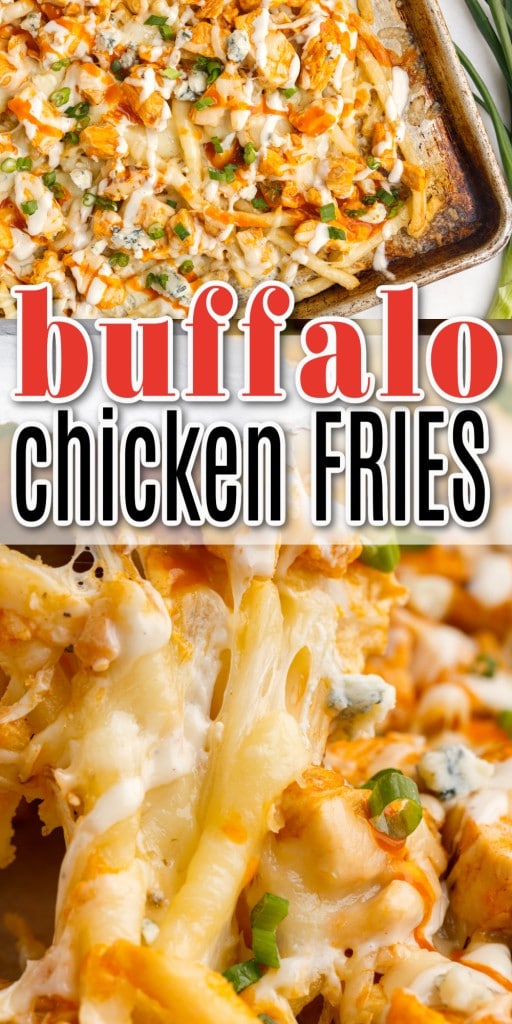 two image collage of buffalo chicken fries with text overlay