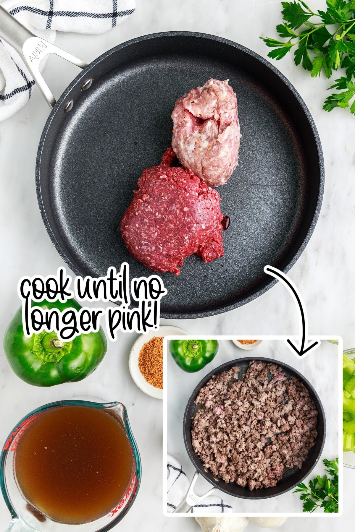 Raw meat placed in skillet before and after being browned for dirty rice recipe.