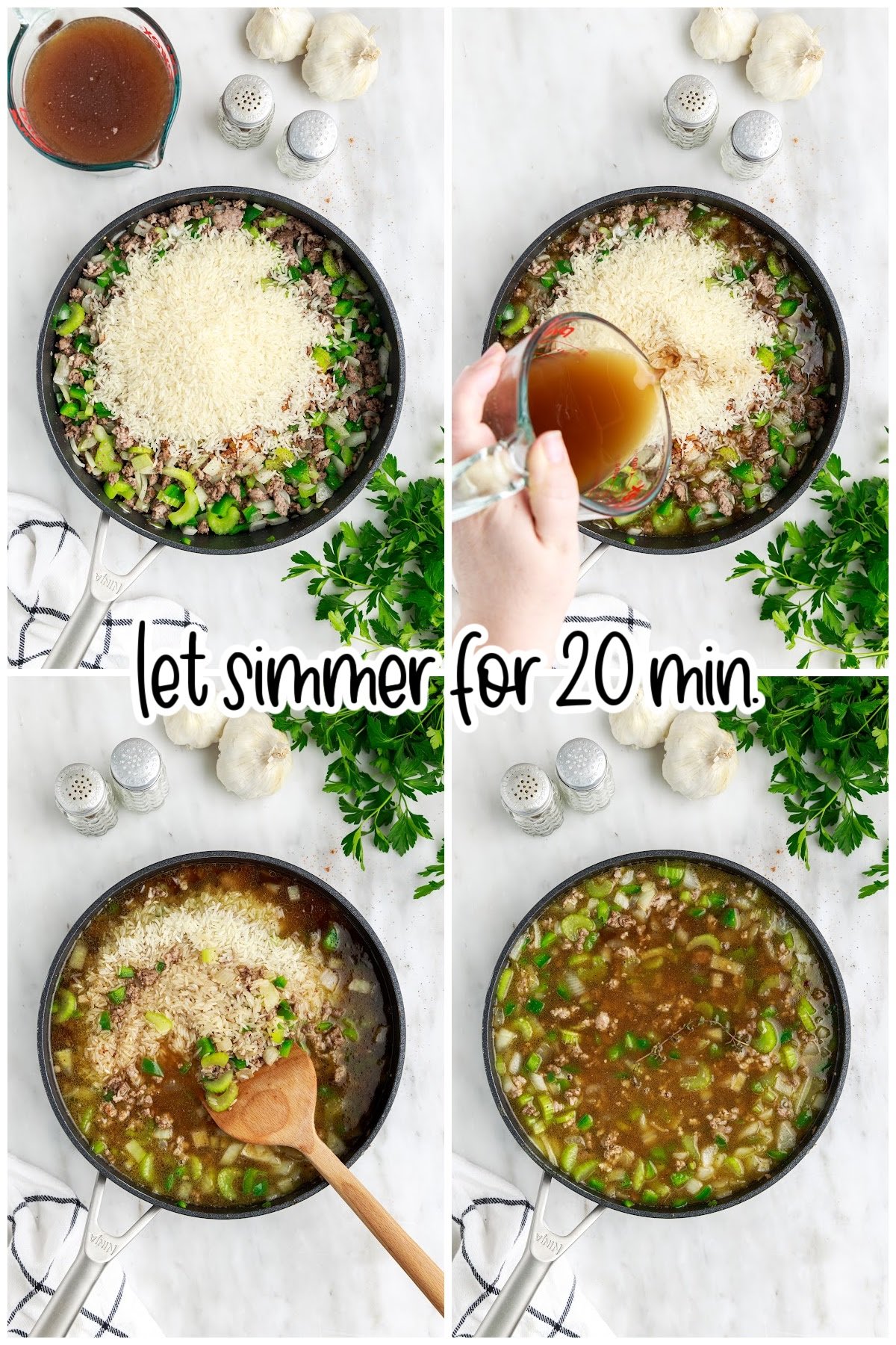 Adding uncooked rice and broth to the skillet and text overlay "let simmer for 20 min."