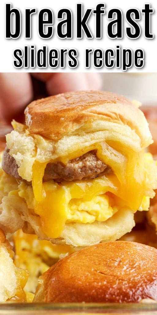 a breakfast slider with sausage egg and cheese on a hawaiian roll with text overlay