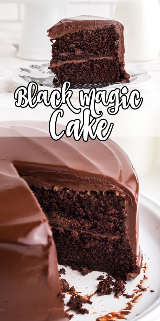 a slice of black magic cake on a small serving plate on top and a slice missing from a whole black magic cake served on a white cake stand