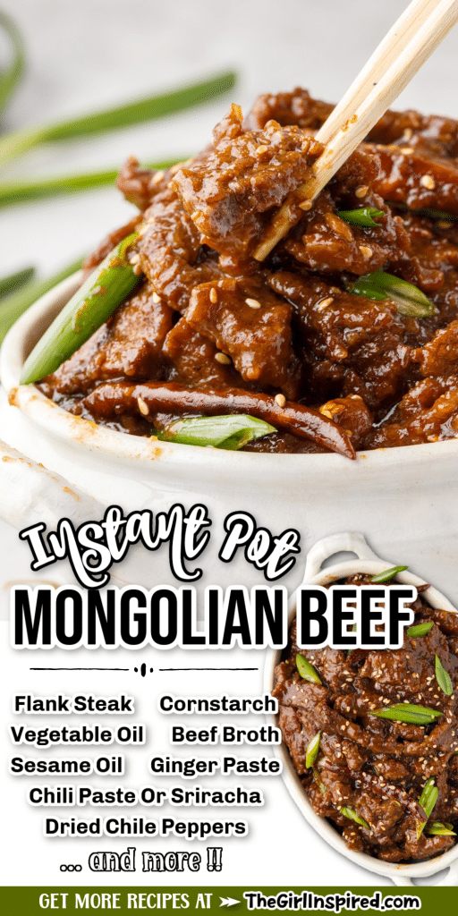 side and top view mongolian beef in a white serving dish with text overlay