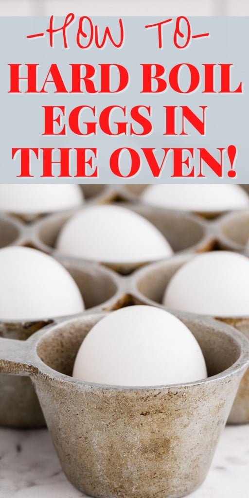 hard boiled eggs in a 12-cup muffin tin with text overlay