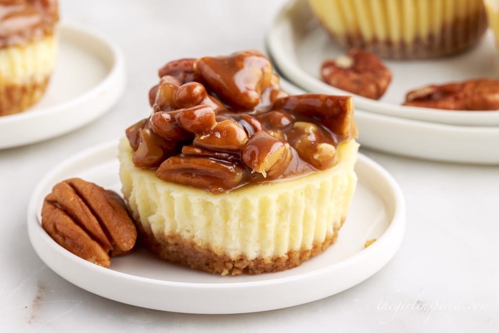 bite size pecan cheesecake on a white plate