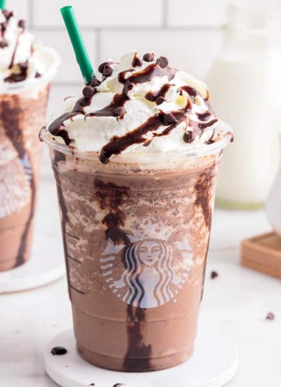 two double chocolate chip frappuccinos in starbucks cups