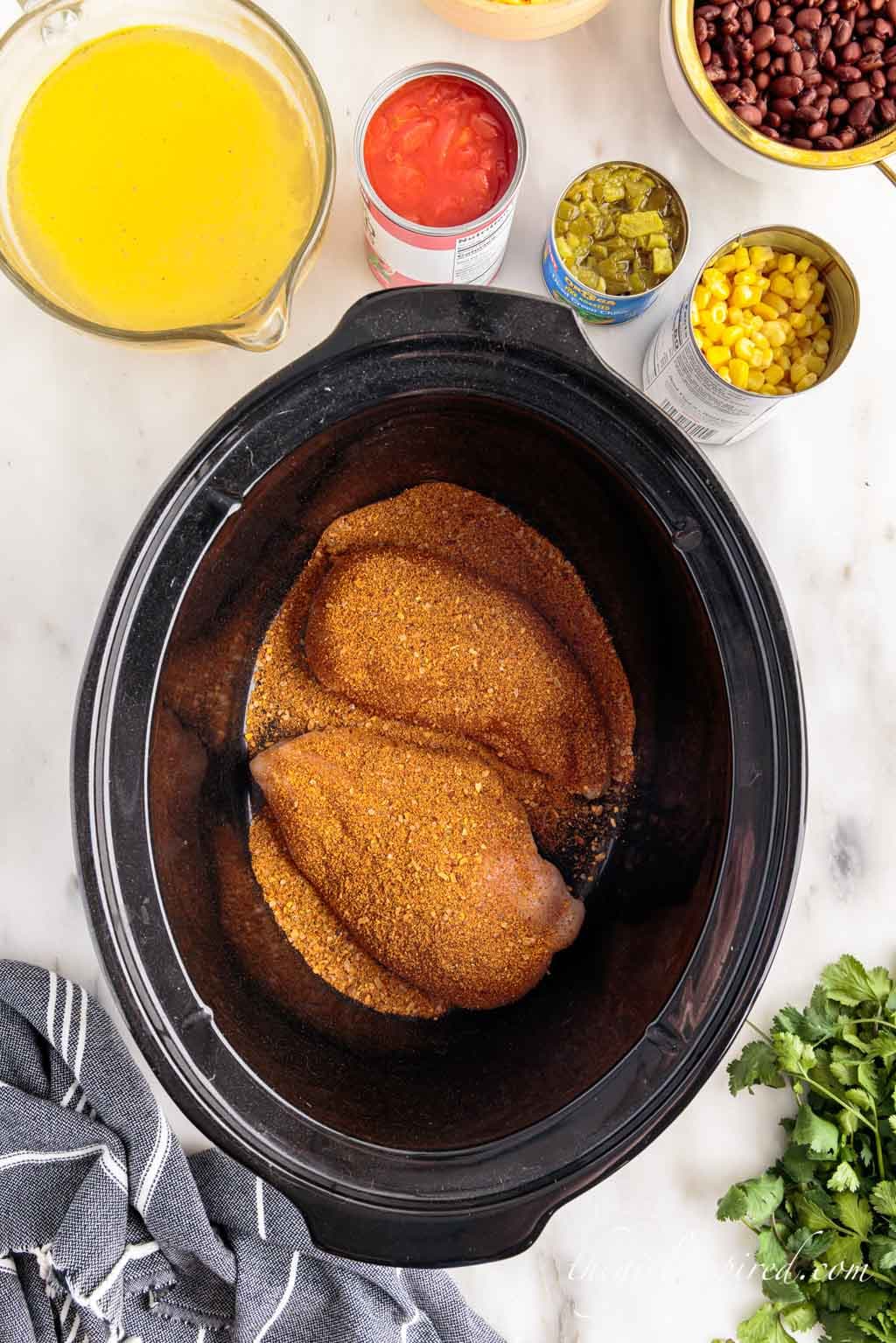 chicken and seasoning in the bottom of a crockpot.