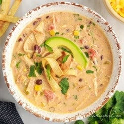 a bowl of crockpot chicken tortilla soup next to cilantro garnish.