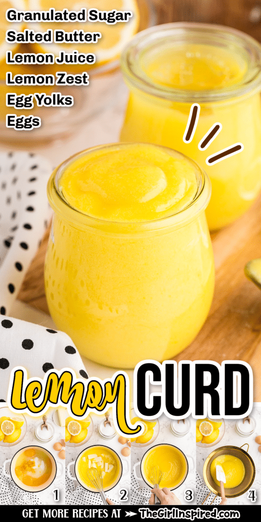 lemon curd in glass bowl with step by step photo collage of lemon curd being made in saucepan and text overlay