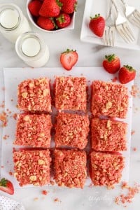 cut up strawberry cream cheese brownie squares