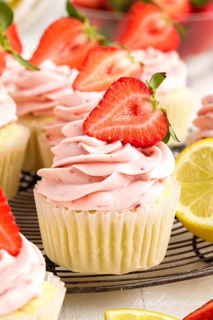 strawberry lemon cupcake on a tray