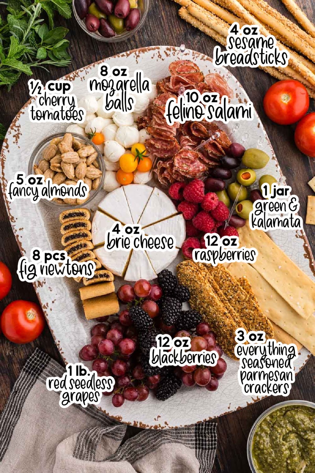 Ingredients for Charcuterie cups set out on a charcuterie board with text labels and amounts.