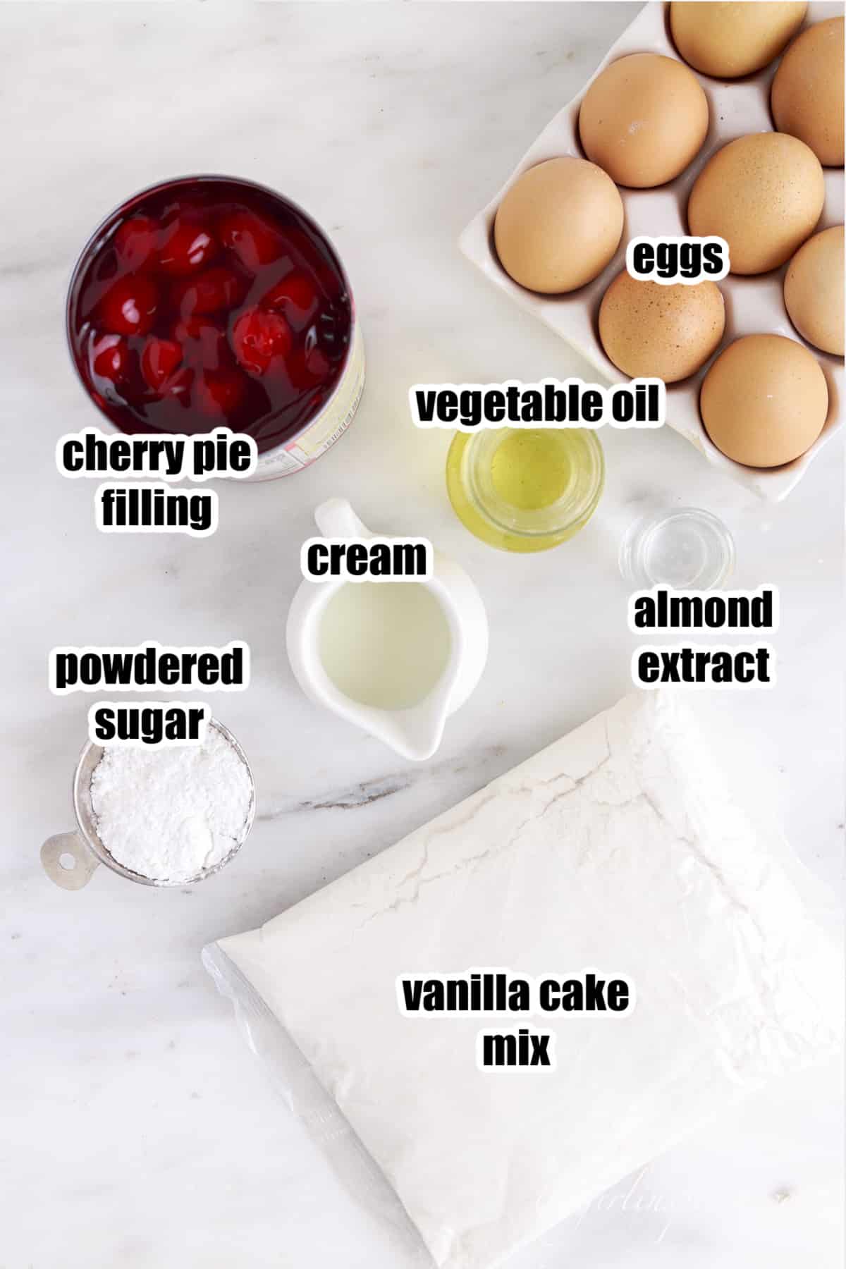 Individual ingredients needed for cherry pie bars, with text labels.