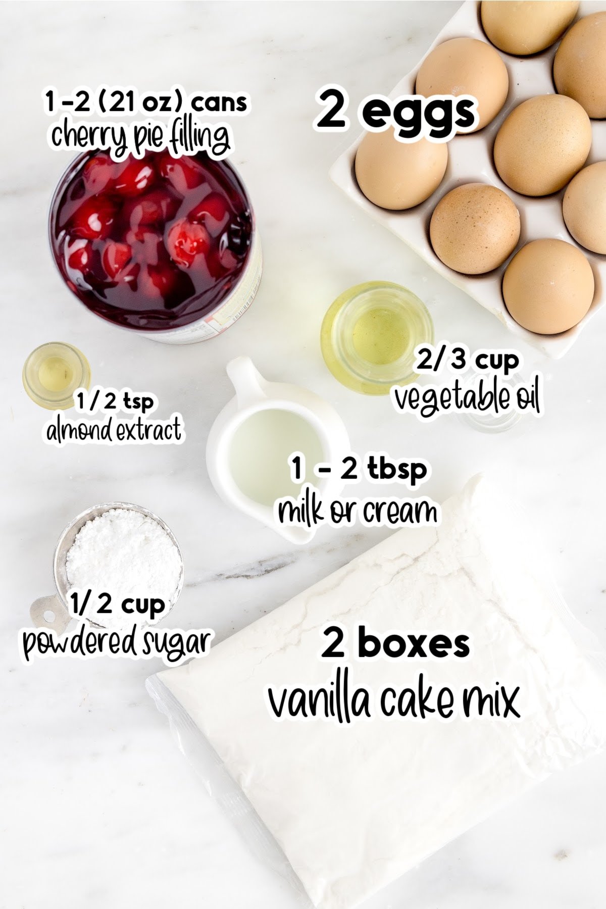 Individual ingredients needed for cherry pie bars with text labels.