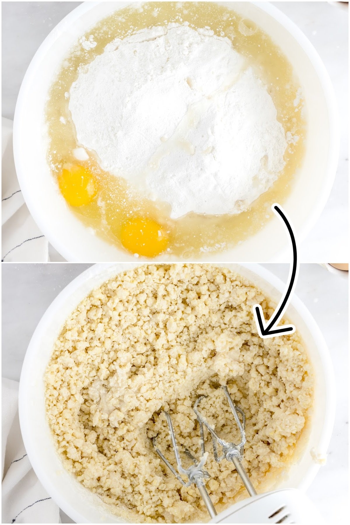Cake mixes, eggs, and oil in a white mixing bowl before and after being mixed.