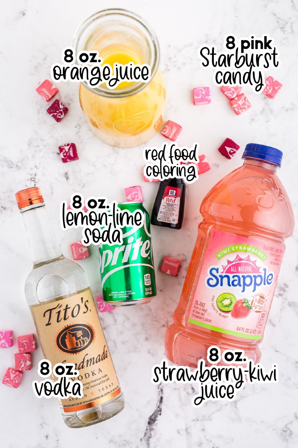 Individual ingredients for pink starburst drink with text and amount labels.