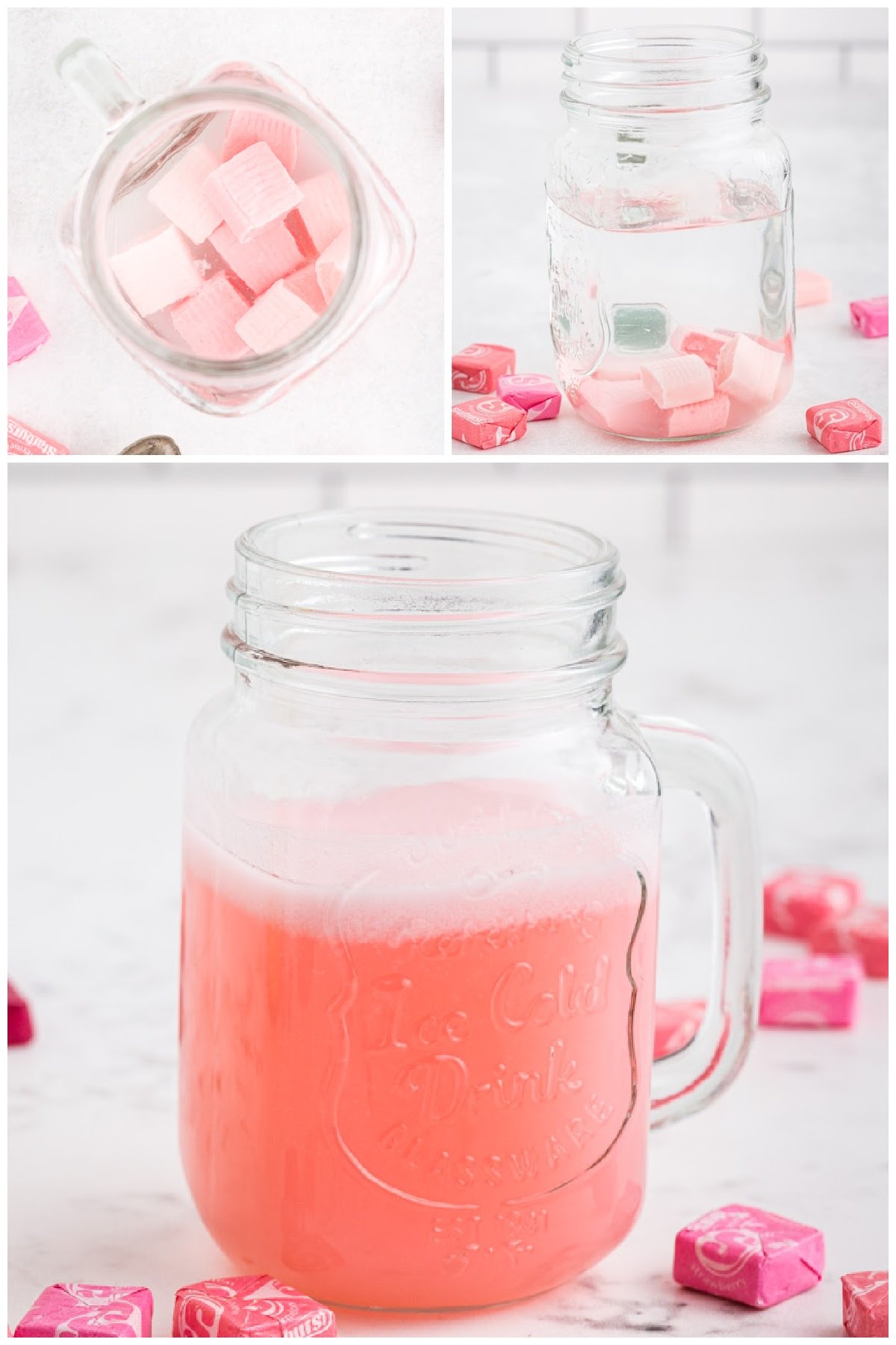 Photo collage of pink Starburst candies added to a mason jar with liquid and then dissolved to make a pink liquid.