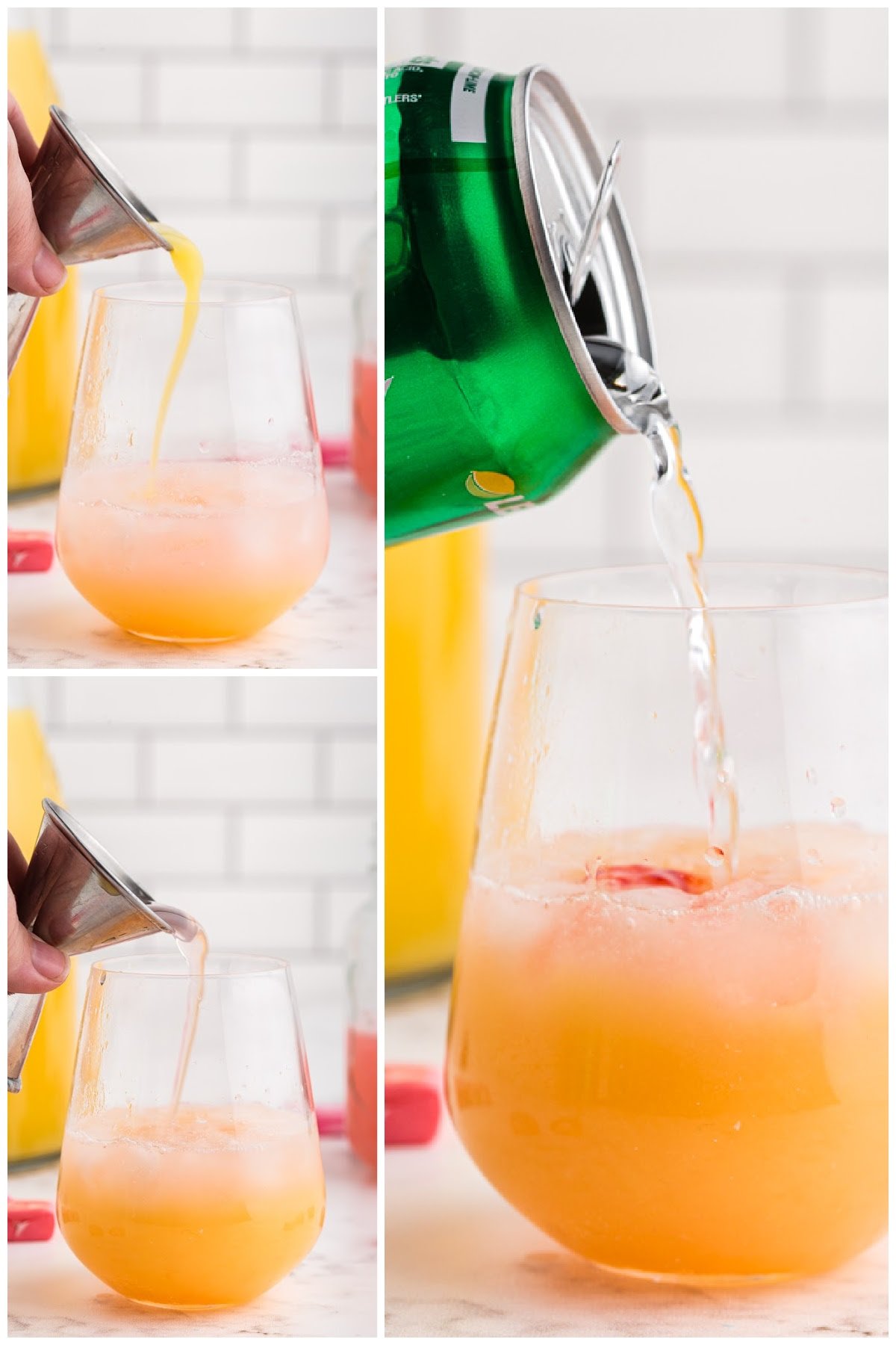 Pouring orange juice, strawberry kiwi juice, and lemon lime soda into stemless wine glass.