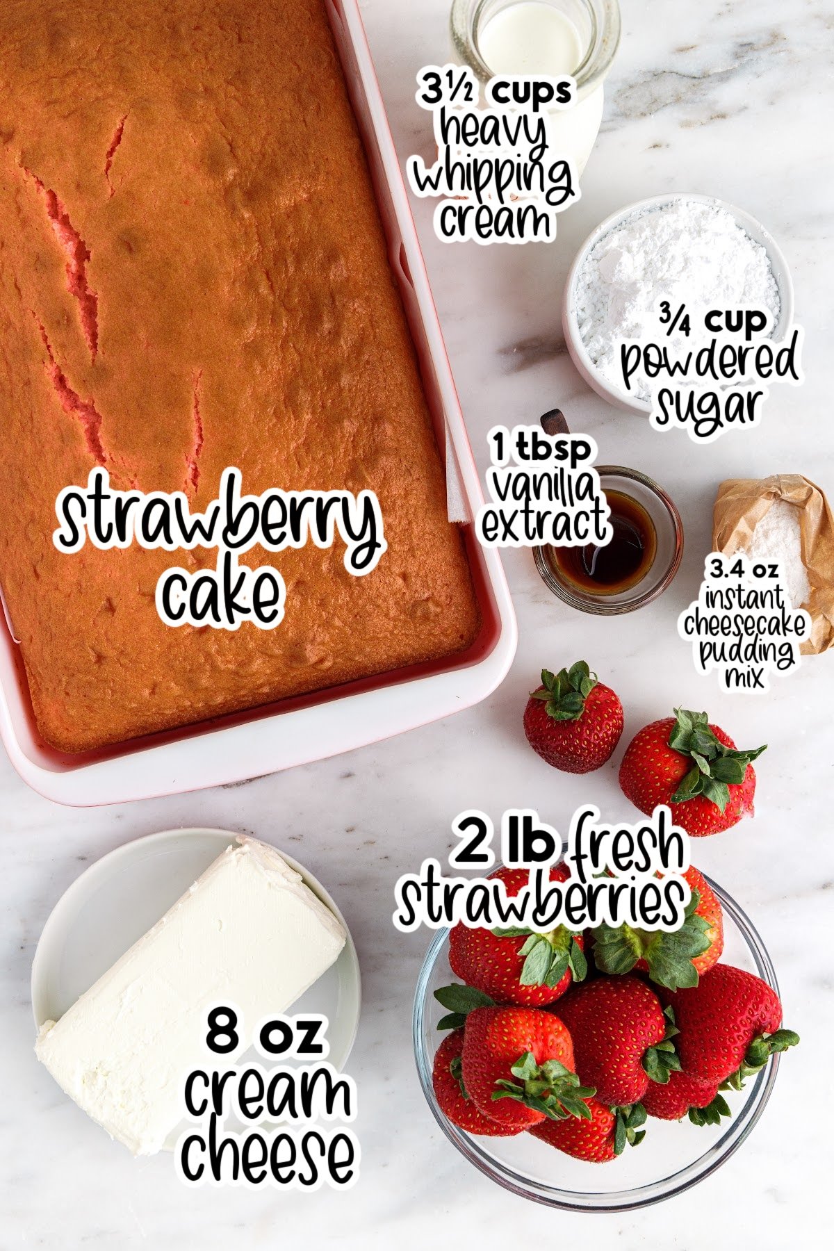Individual ingredients needed to make strawberry cheesecake trifle, with text labels.