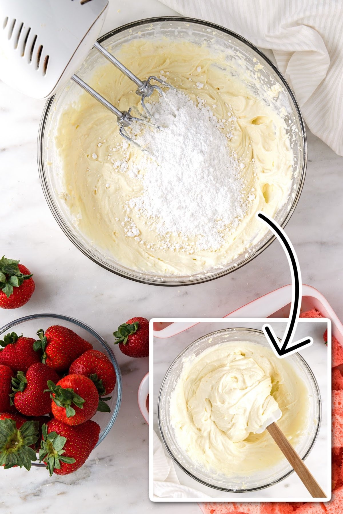 Glass mixing bowl with pudding mixture before and after powdered sugar is mixed in.