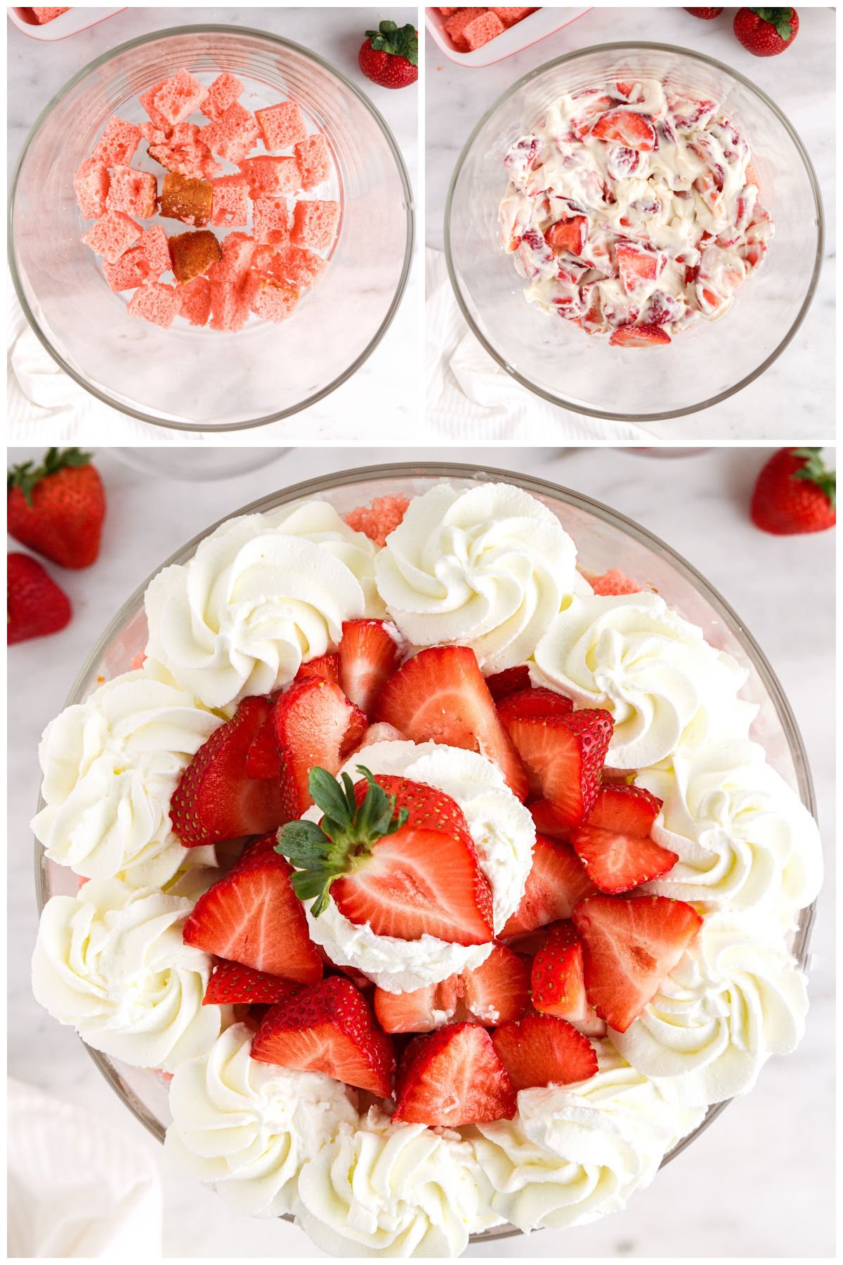 Photo collage layering strawberry cake pieces and pudding and whipped cream and topped with fresh strawberries.